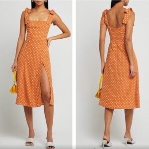 NWOT O.p.t. Sasha Midi Dress orange polka dot small tie bow straps Reformation